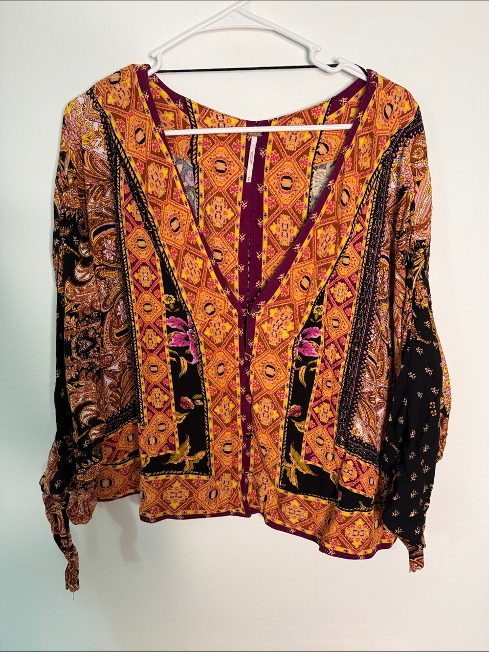 Free People Catch Me If You Can Top Brown Combo Print Oversized Size M Boho